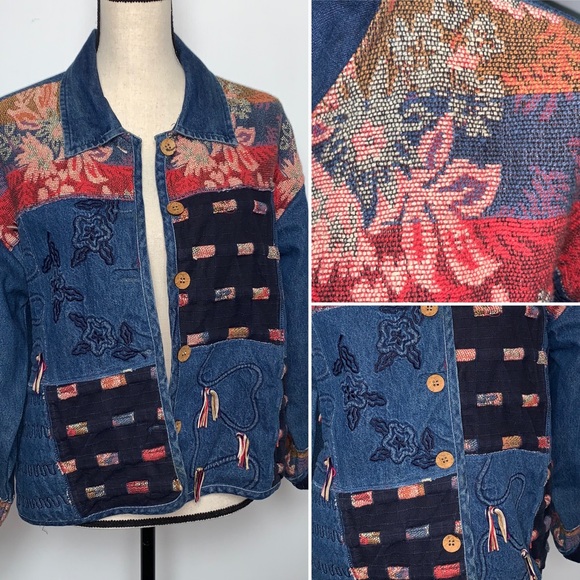 Vintage Jackets & Blazers - Vintage Denim Floral Embroidered Jacket (M)